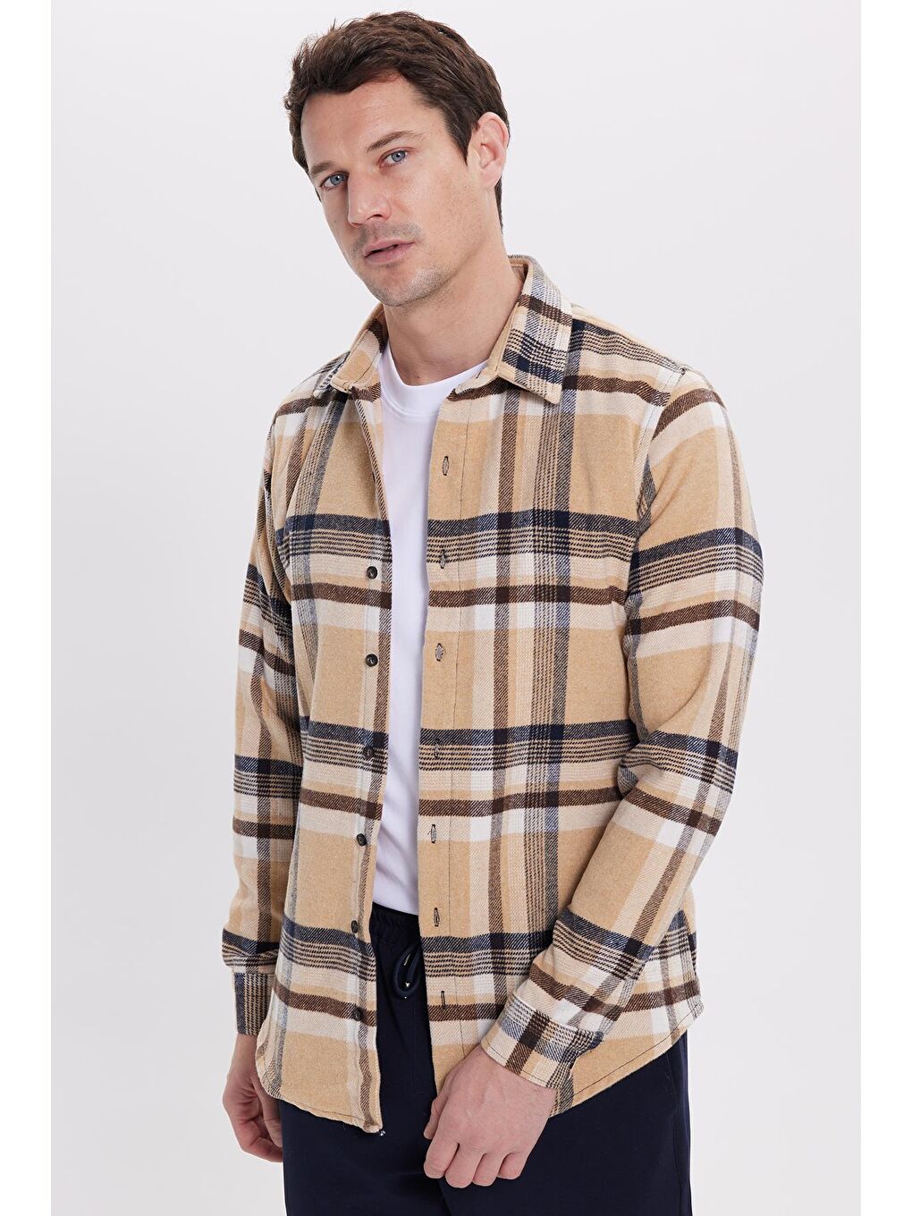 Bej Erkek Slim Fit Dar Kesim Kareli Kışlık Oduncu Gömlek-4