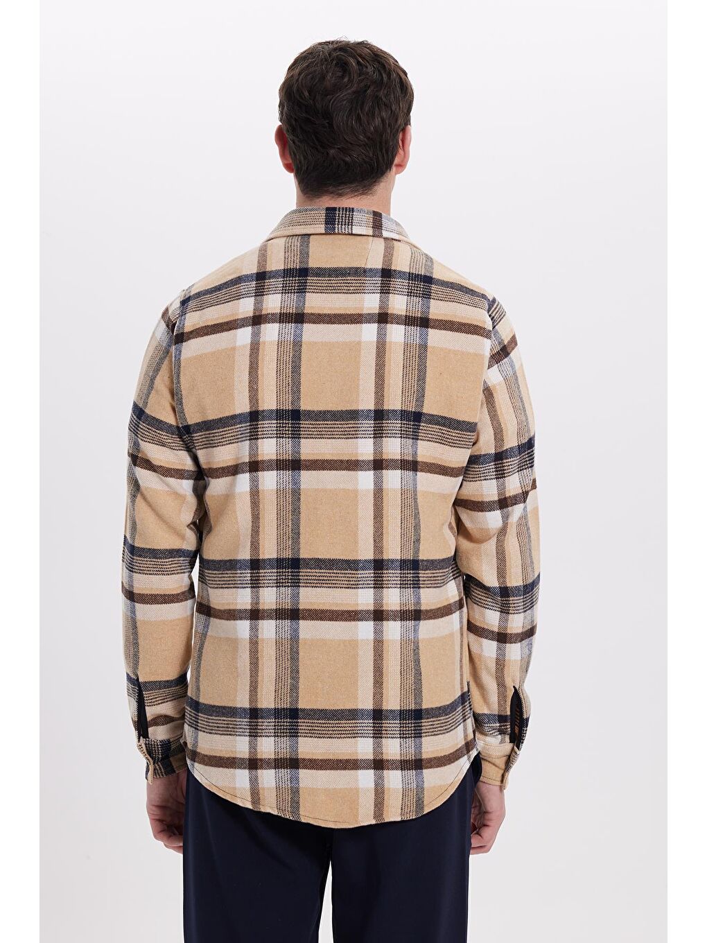 Bej Erkek Slim Fit Dar Kesim Kareli Kışlık Oduncu Gömlek-6
