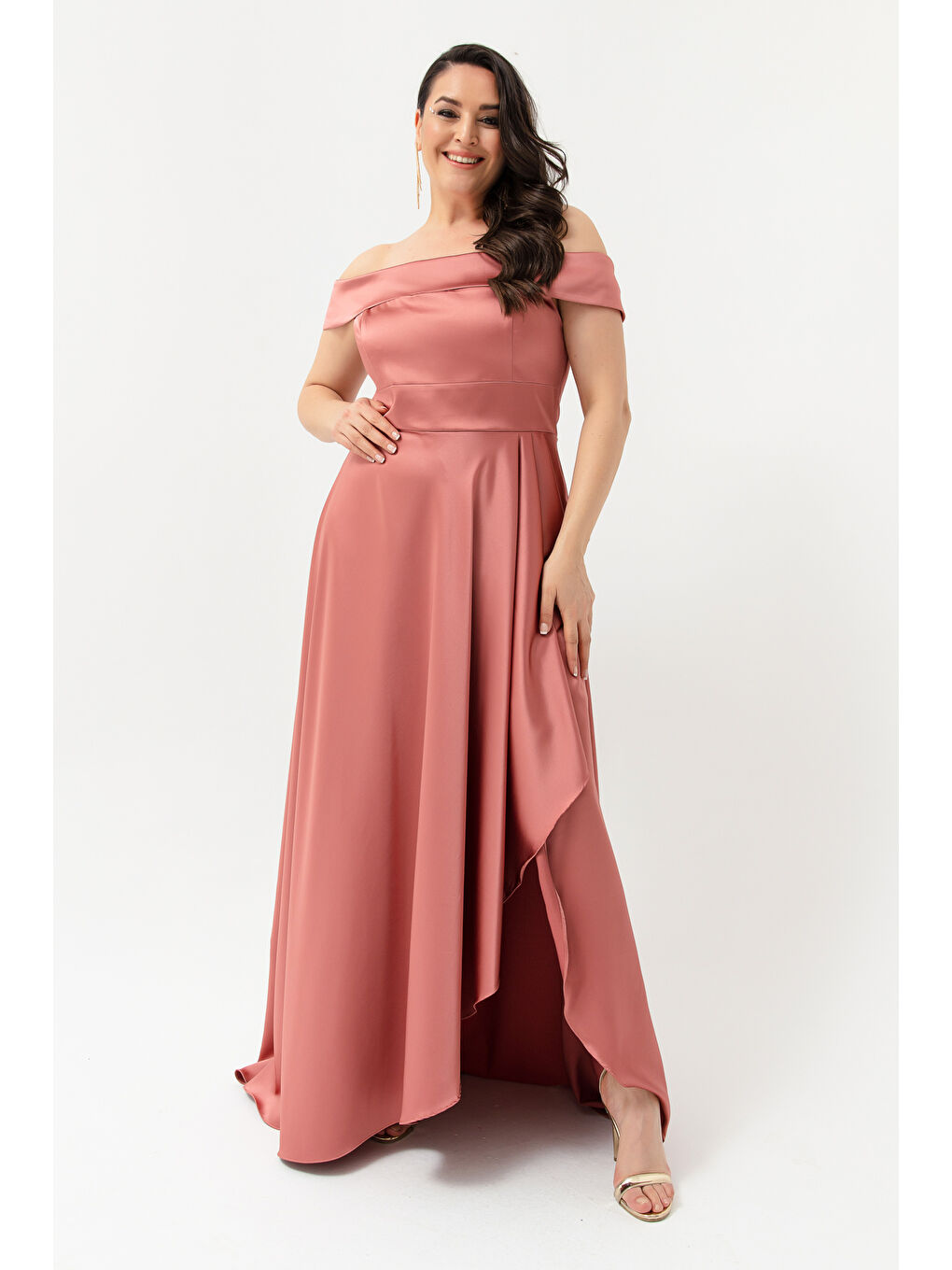 Pembe Kadın Somon Kayık Yaka Büyük Beden Saten Abiye & Mezuniyet Elbisesi-1