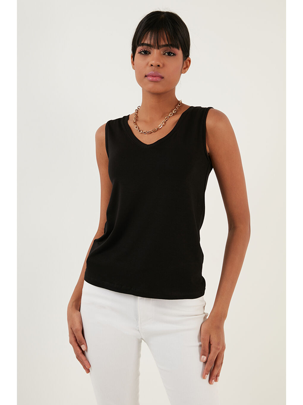 Siyah Slim Fit V Yaka Kalın Askılı 2' li Paket Kadın Bluz 5864384S2-2