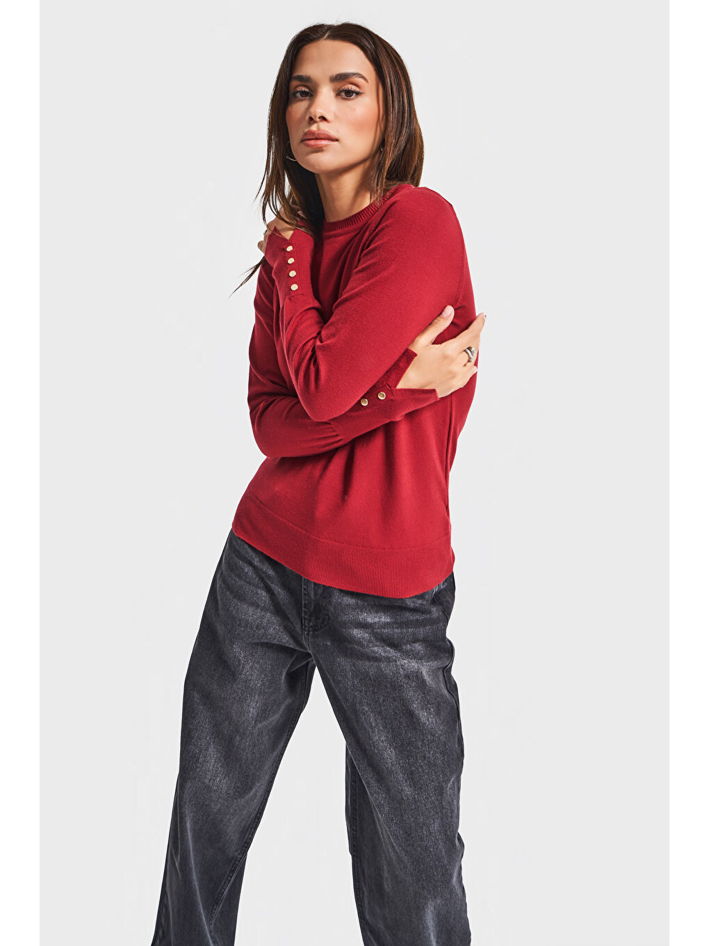 Kadın Bordo Renk w5-35 Örme Triko Kumaş Bisiklet Yaka Kol Aksesuarlı Triko-3