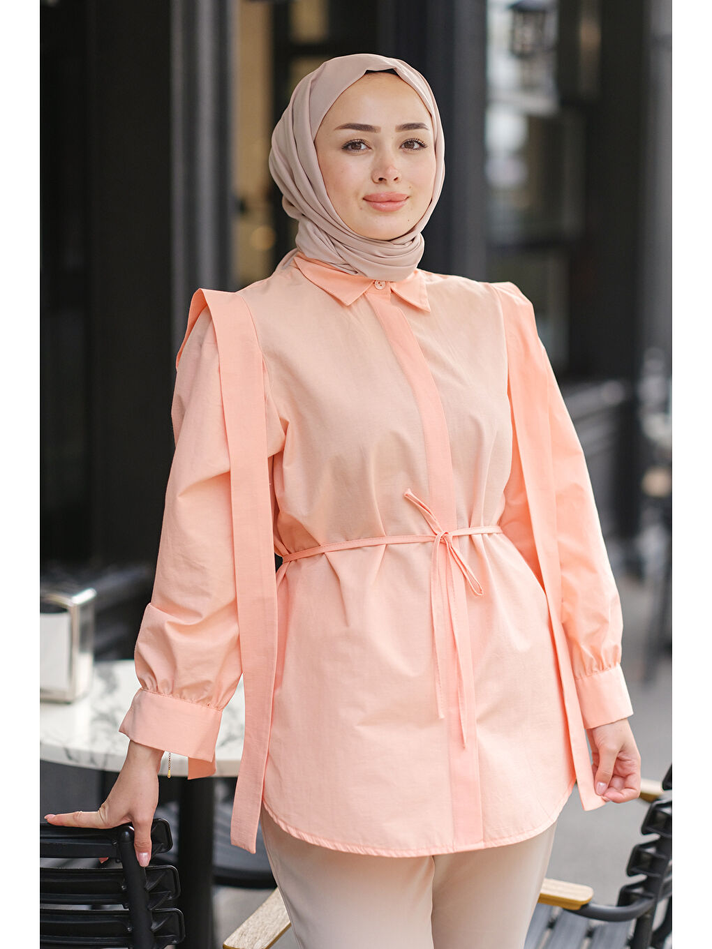 Pembe Kadın Pile Detay Önü Gizli Düğmeli Gömlek  Somon