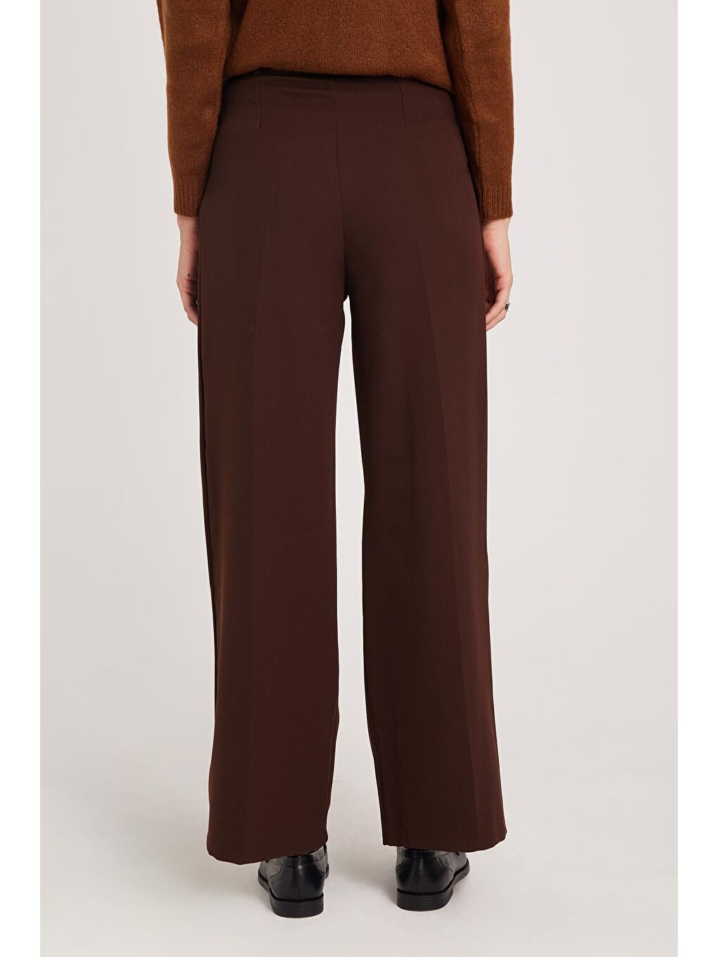 Kadın Regular Fit Klasik Kesim Yüksel Bel Geniş Paça Kahverengi Pantolon-6