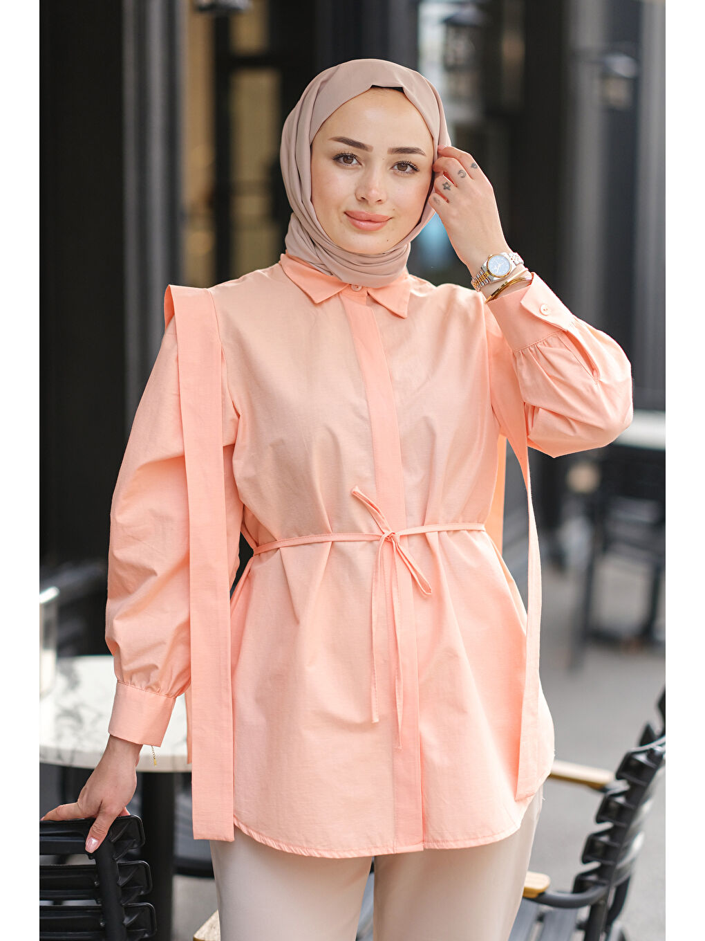 Pembe Kadın Pile Detay Önü Gizli Düğmeli Gömlek  Somon-1