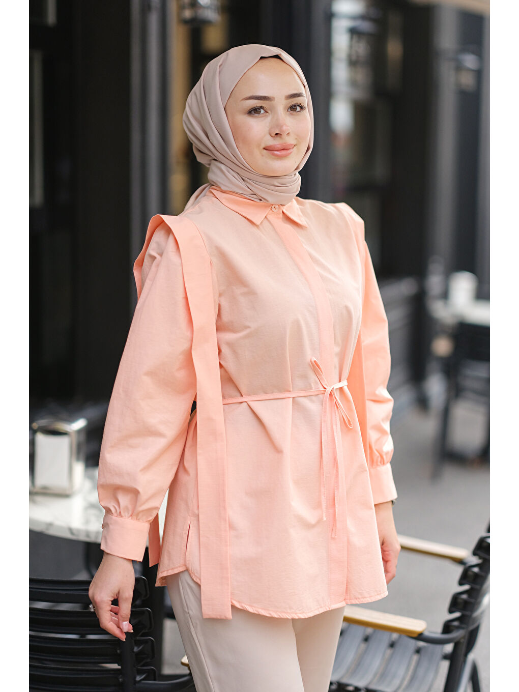 Pembe Kadın Pile Detay Önü Gizli Düğmeli Gömlek  Somon-2