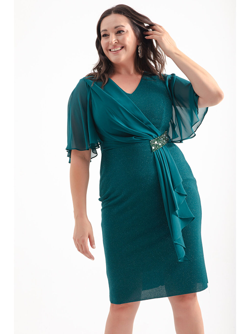Kadın Zümrüt Yeşili V Yaka Kısa Kollu Büyük Beden Midi Abiye Elbise