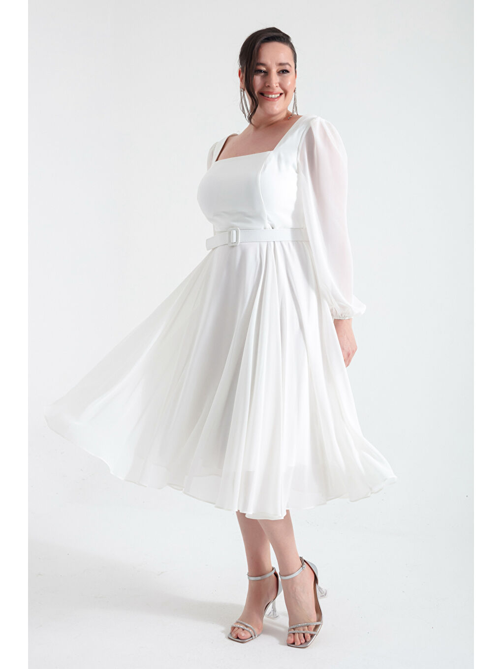 Kadın Ekru Kare Yaka Kemerli Midi Şifon Büyük Beden Abiye Elbise