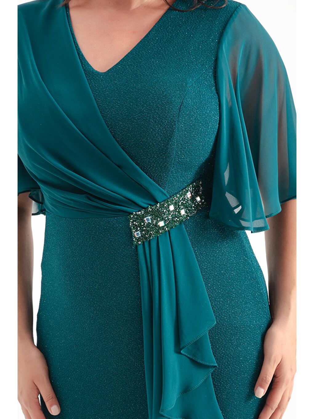 Kadın Zümrüt Yeşili V Yaka Kısa Kollu Büyük Beden Midi Abiye Elbise-3