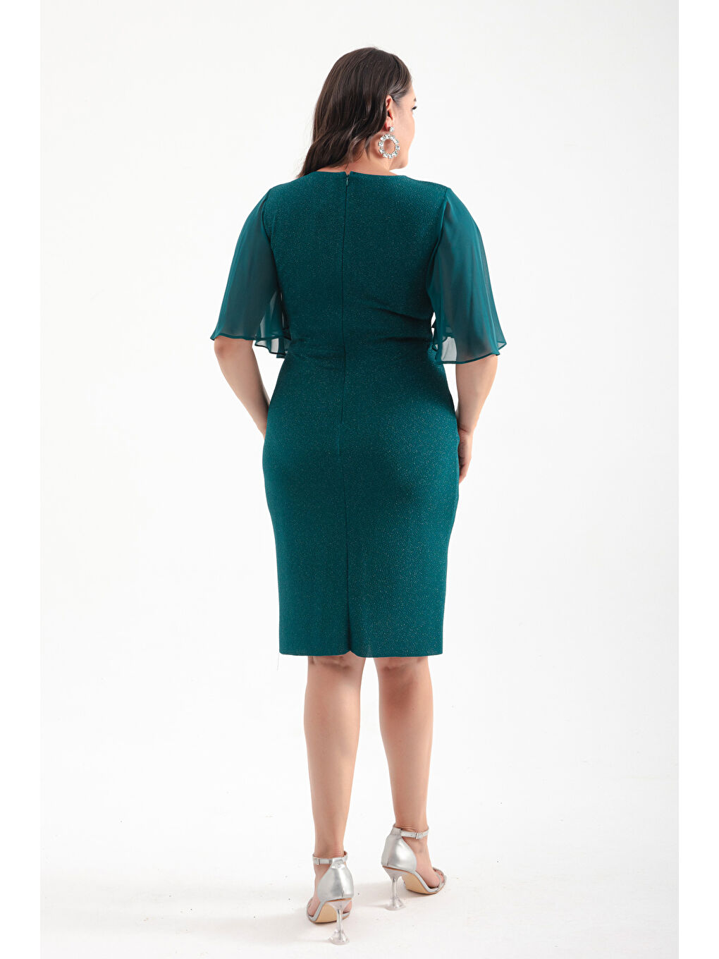 Kadın Zümrüt Yeşili V Yaka Kısa Kollu Büyük Beden Midi Abiye Elbise-4