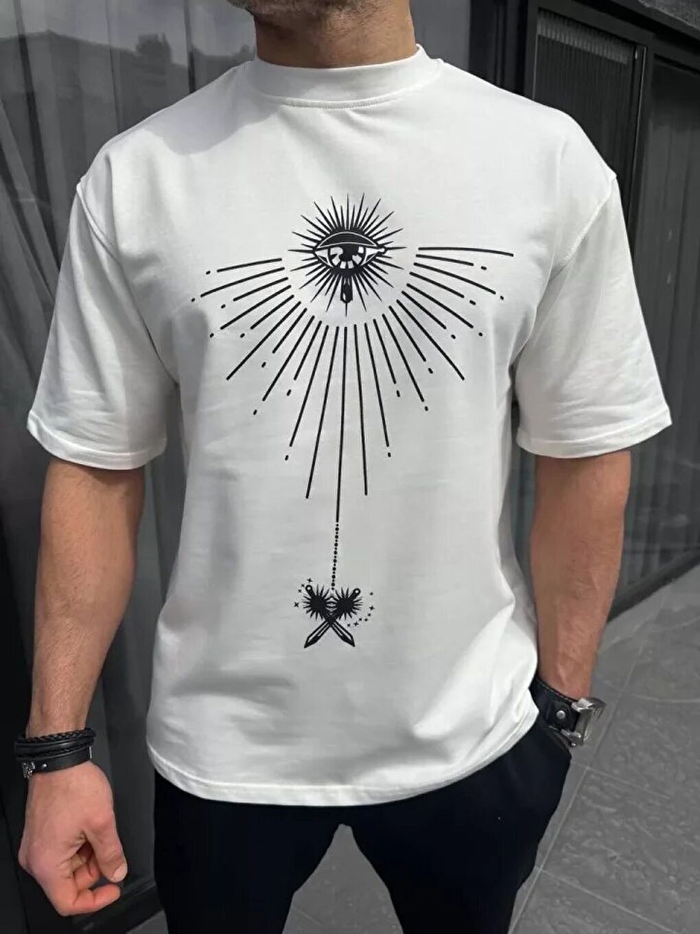 Unisex Bisiklet Yaka Baskılı Oversize T-Shirt - Beyaz-1