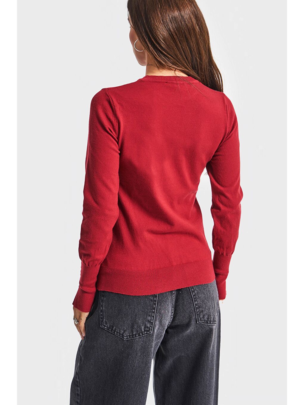 Kadın Bordo Renk w5-35 Örme Triko Kumaş Bisiklet Yaka Kol Aksesuarlı Triko-4