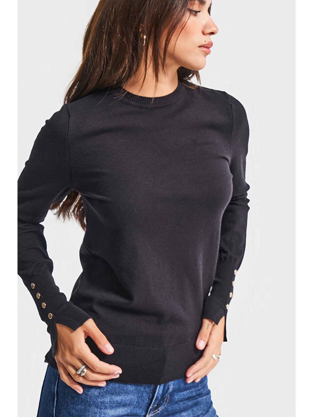 Kadın Siyah Renk w5-1 Örme Triko Kumaş Bisiklet Yaka Kol Aksesuarlı Triko-1