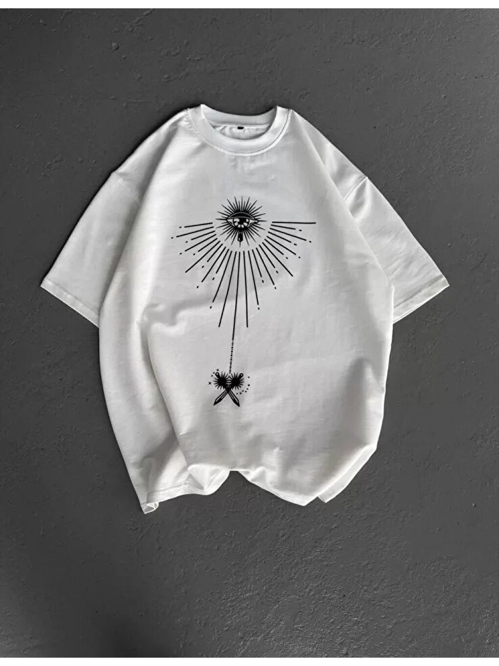 Unisex Bisiklet Yaka Baskılı Oversize T-Shirt - Beyaz-2