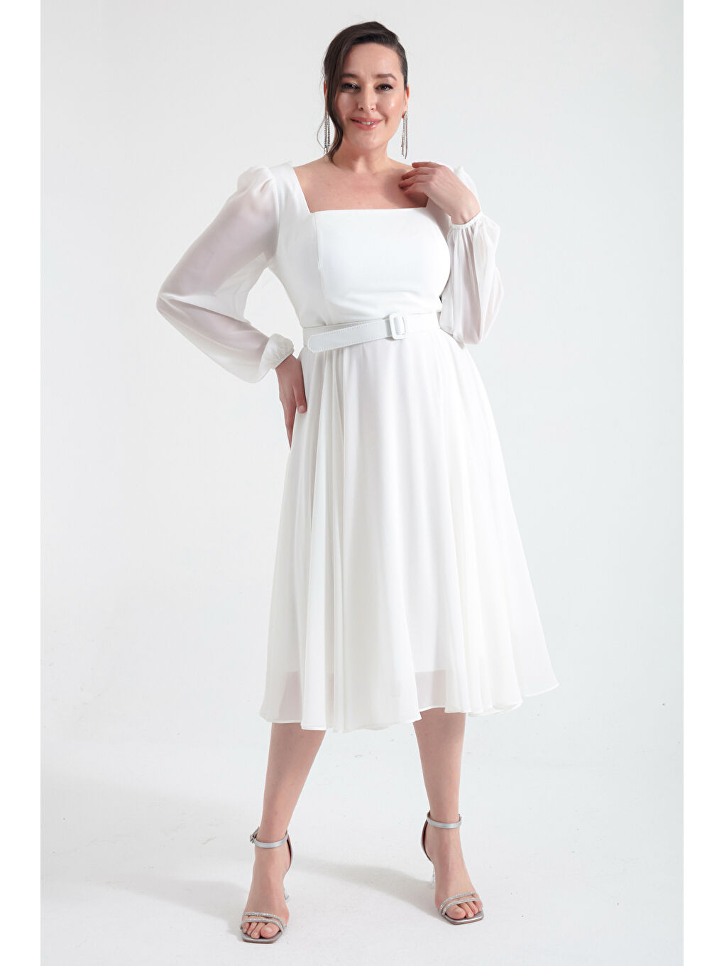 Kadın Ekru Kare Yaka Kemerli Midi Şifon Büyük Beden Abiye Elbise-1