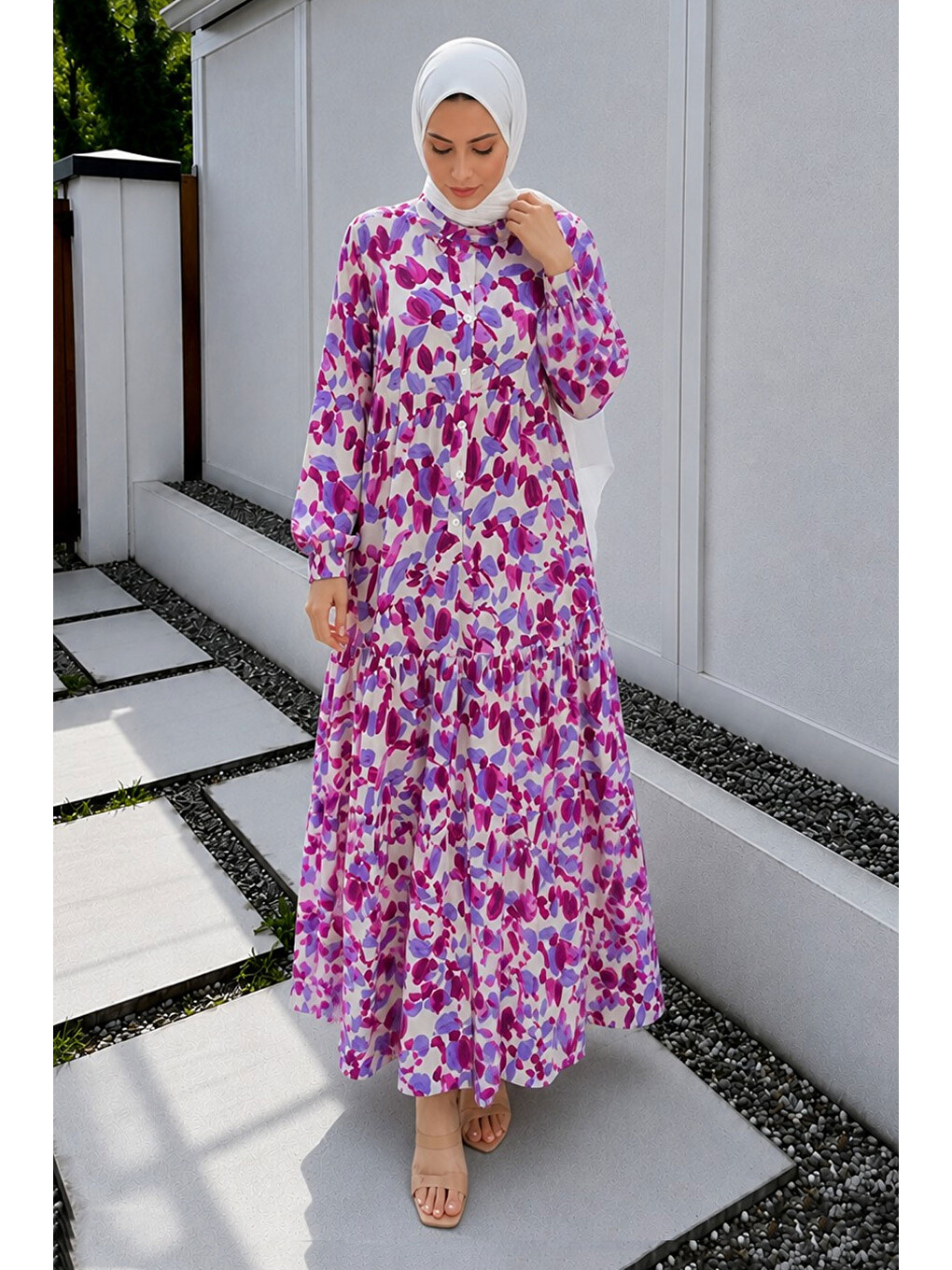 Pat Detaylı Yaprak Desenli Elbise Tsd260261 Fuşya-2