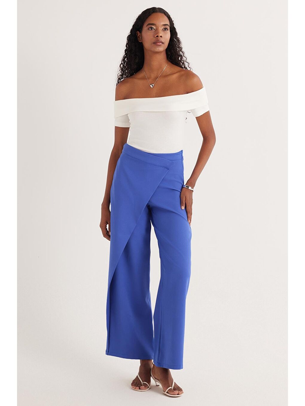 Kadın Standart Fit Geniş Paça Mavi Double Pantolon-3