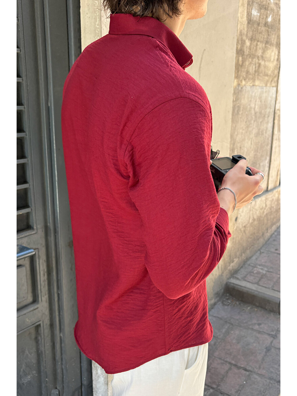 Bordo Erkek Oversize Kesim Keten Görünümlü Gömlek-3