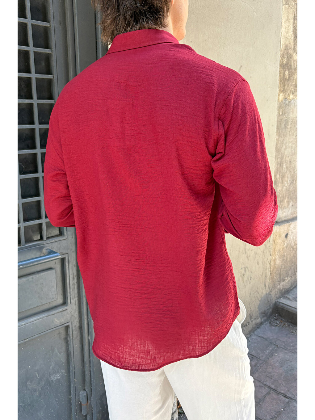 Bordo Erkek Oversize Kesim Keten Görünümlü Gömlek-4