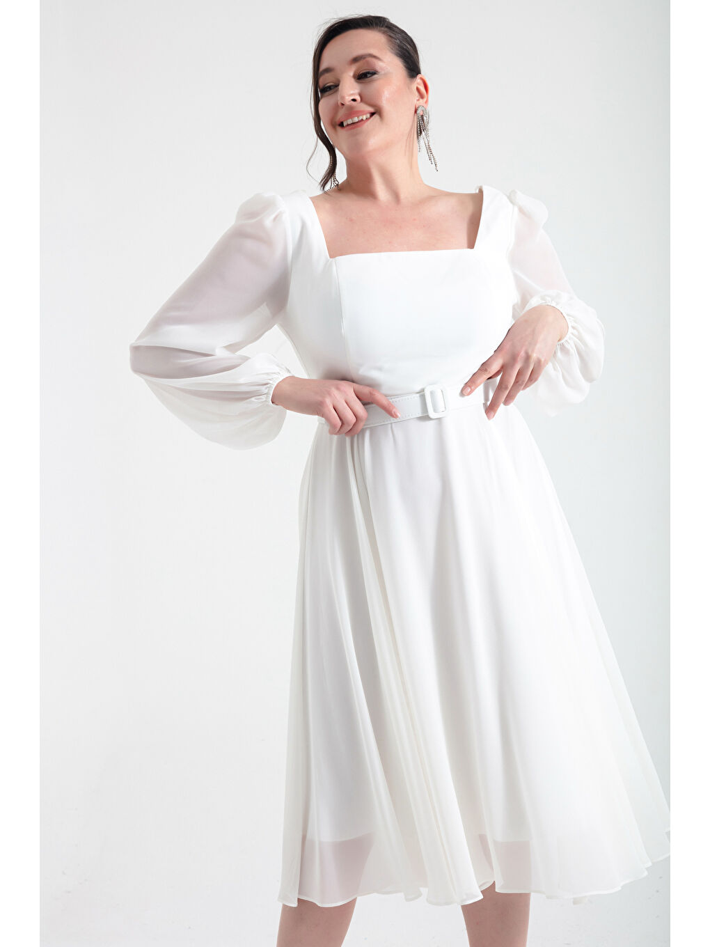 Kadın Ekru Kare Yaka Kemerli Midi Şifon Büyük Beden Abiye Elbise-2