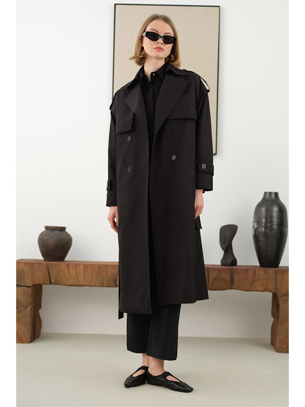 Uzun Klasik Trençkot Siyah-1
