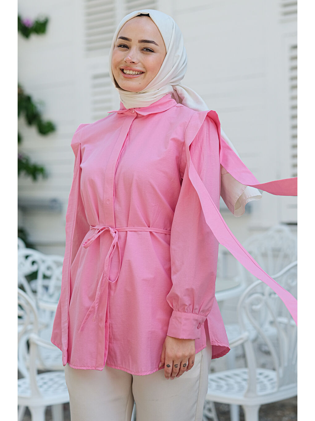 Kadın Pile Detay Önü Gizli Düğmeli Gömlek  Koyu Pembe