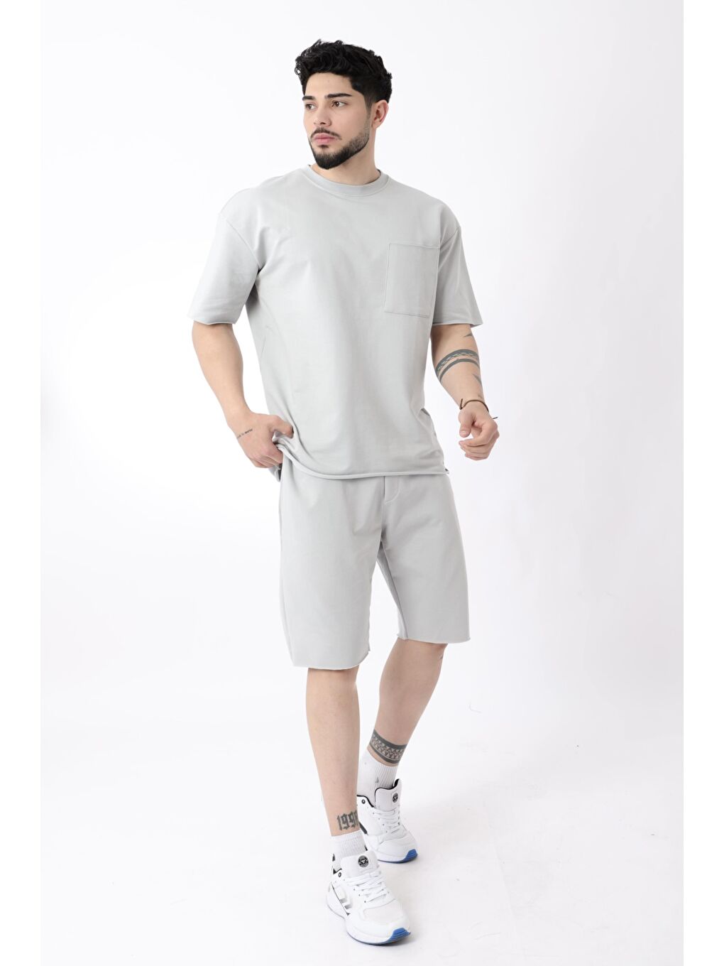 Gri Rahat İki İp Penye Şort Erkek Takım Bld 5000-5066_72005-1