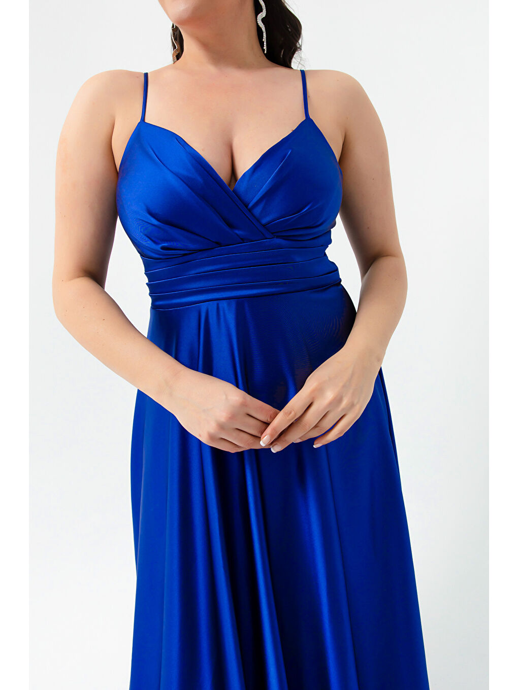 Mavi Kadın Saks İp Askılı Büyük Beden Saten Uzun Abiye & Mezuniyet Elbisesi-1