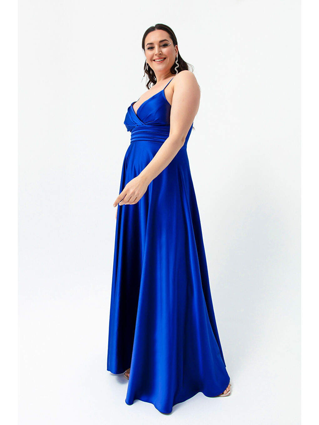 Mavi Kadın Saks İp Askılı Büyük Beden Saten Uzun Abiye & Mezuniyet Elbisesi-2