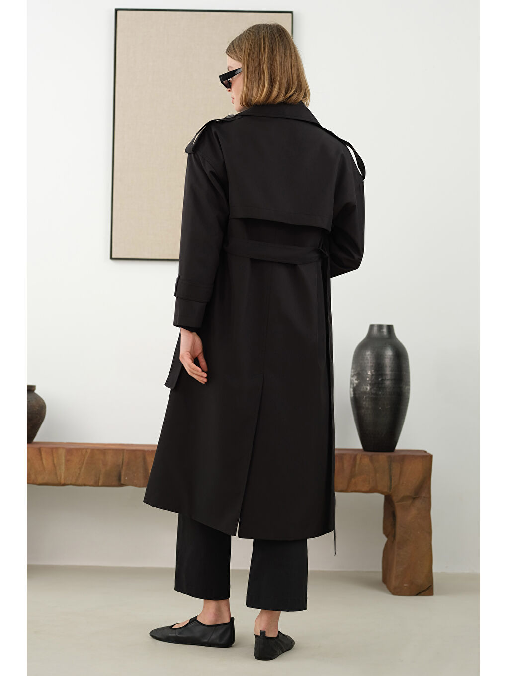 Uzun Klasik Trençkot Siyah-2