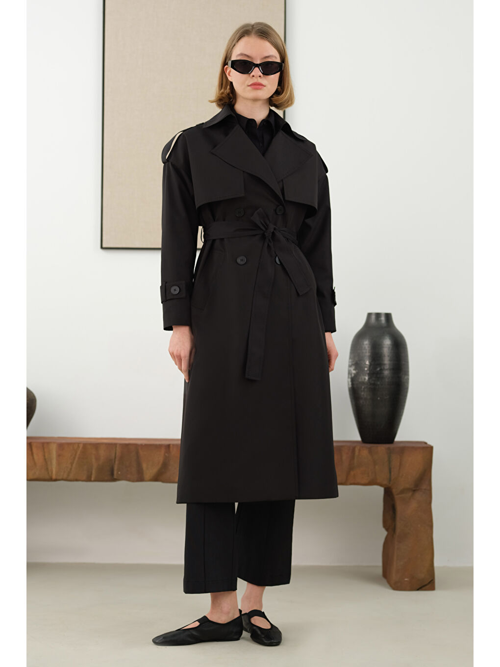 Uzun Klasik Trençkot Siyah-3