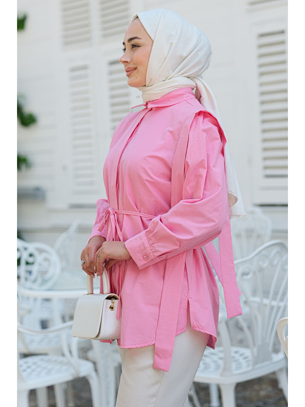 Kadın Pile Detay Önü Gizli Düğmeli Gömlek  Koyu Pembe-1