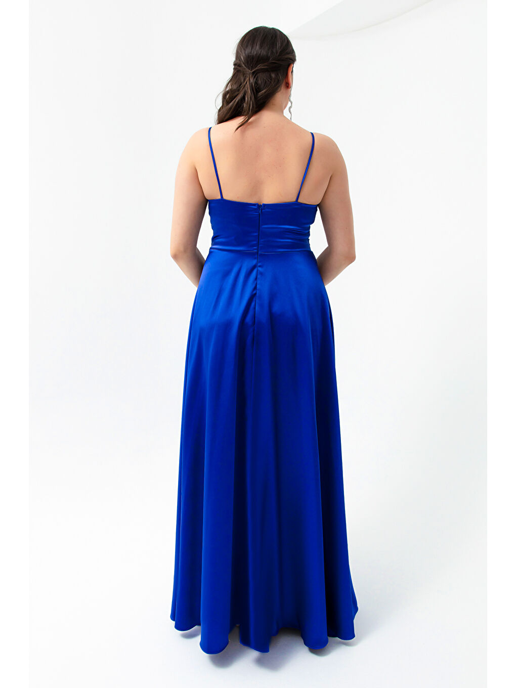 Mavi Kadın Saks İp Askılı Büyük Beden Saten Uzun Abiye & Mezuniyet Elbisesi-4