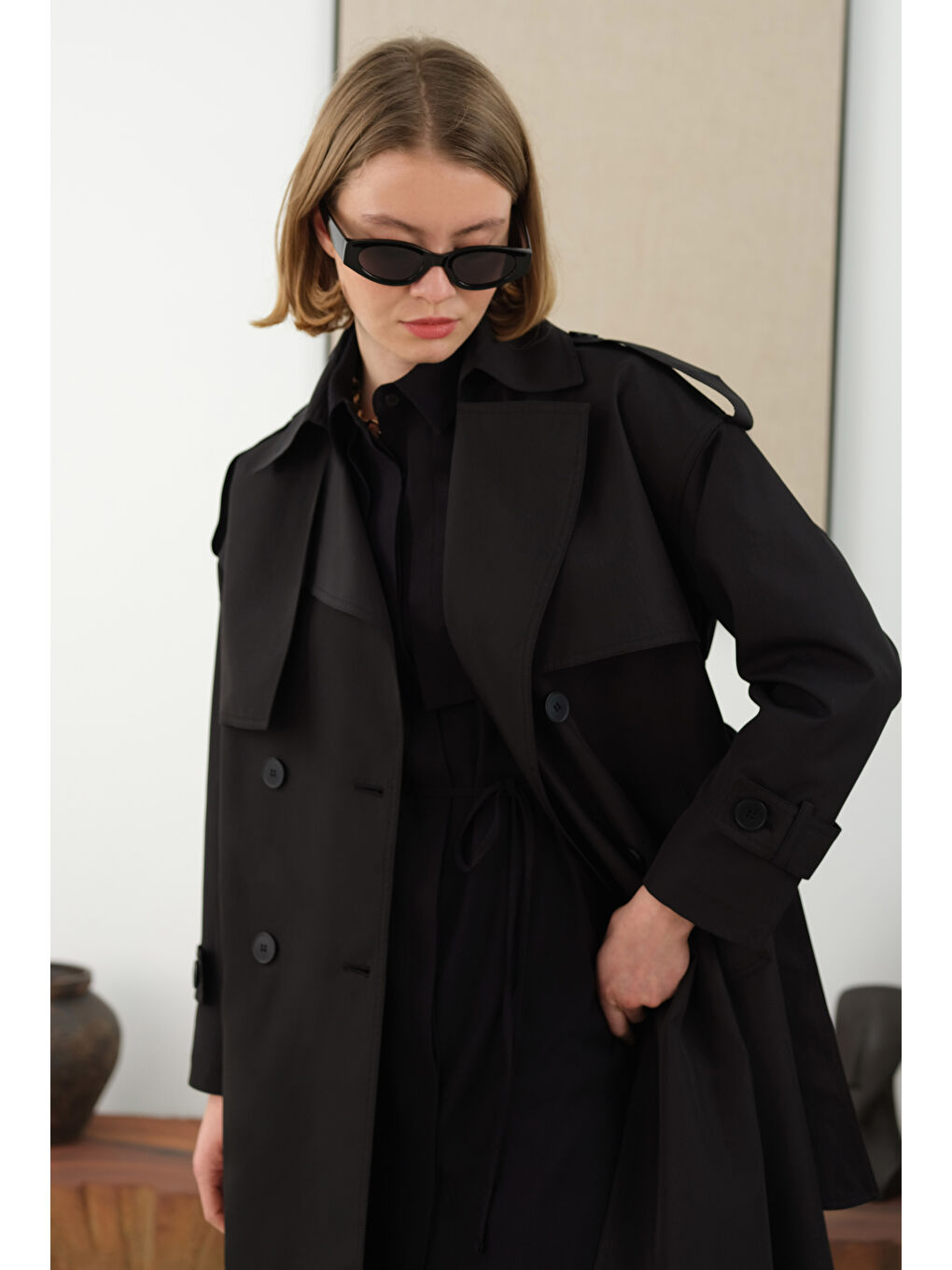Uzun Klasik Trençkot Siyah-4