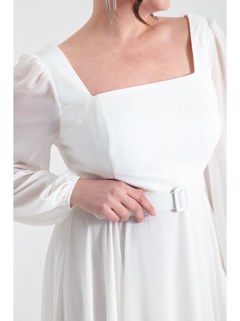 Kadın Ekru Kare Yaka Kemerli Midi Şifon Büyük Beden Abiye Elbise-3