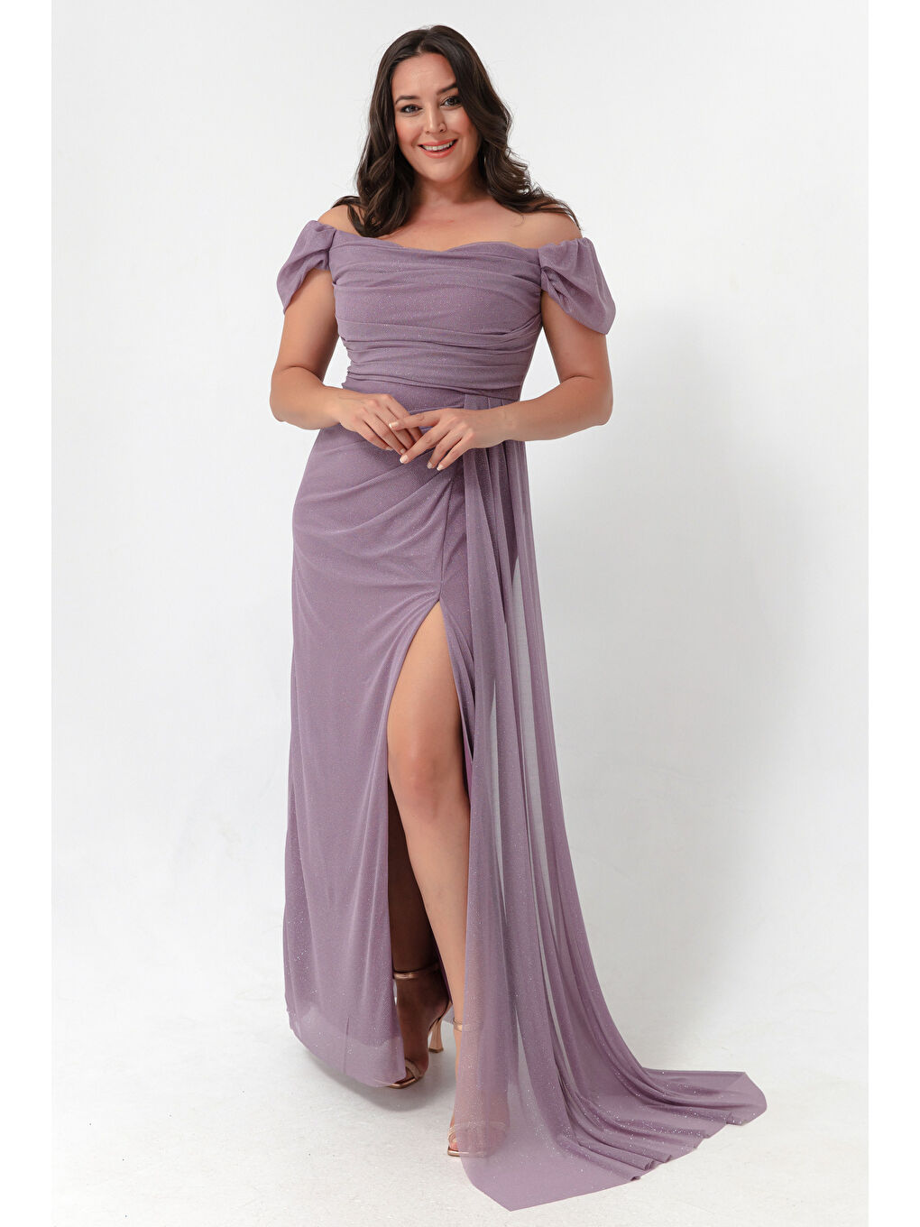 Pembe Kadın Pudra Kayık Yaka Drapeli Yırtmaçlı Uzun Simli Abiye Elbise-1