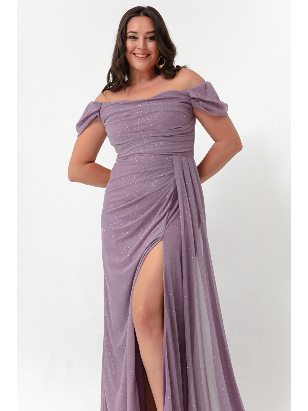 Pembe Kadın Pudra Kayık Yaka Drapeli Yırtmaçlı Uzun Simli Abiye Elbise-2