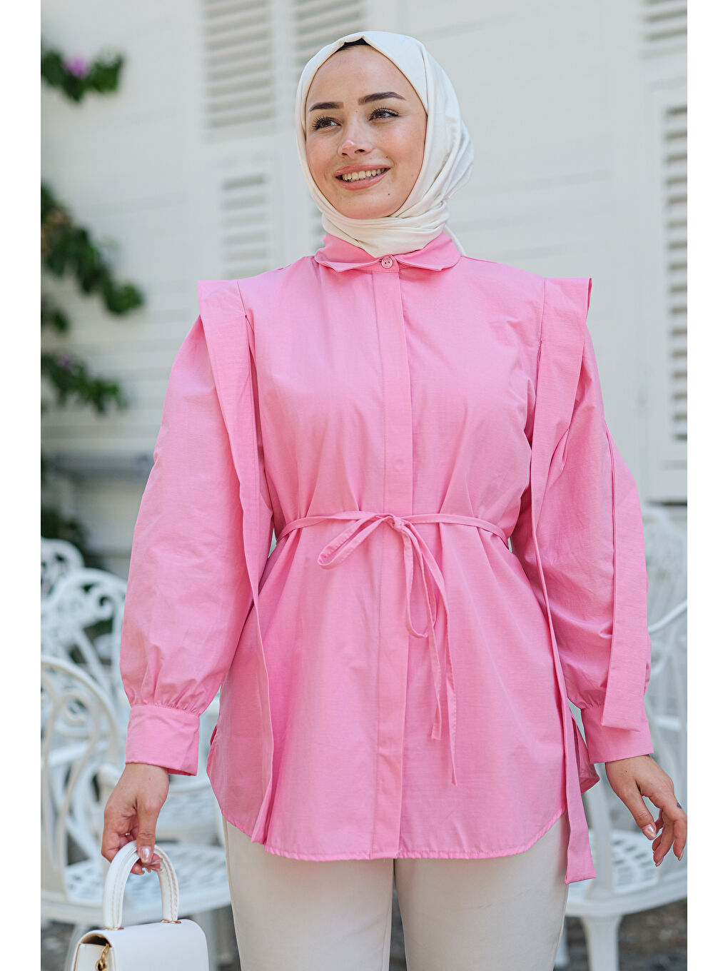 Kadın Pile Detay Önü Gizli Düğmeli Gömlek  Koyu Pembe-2