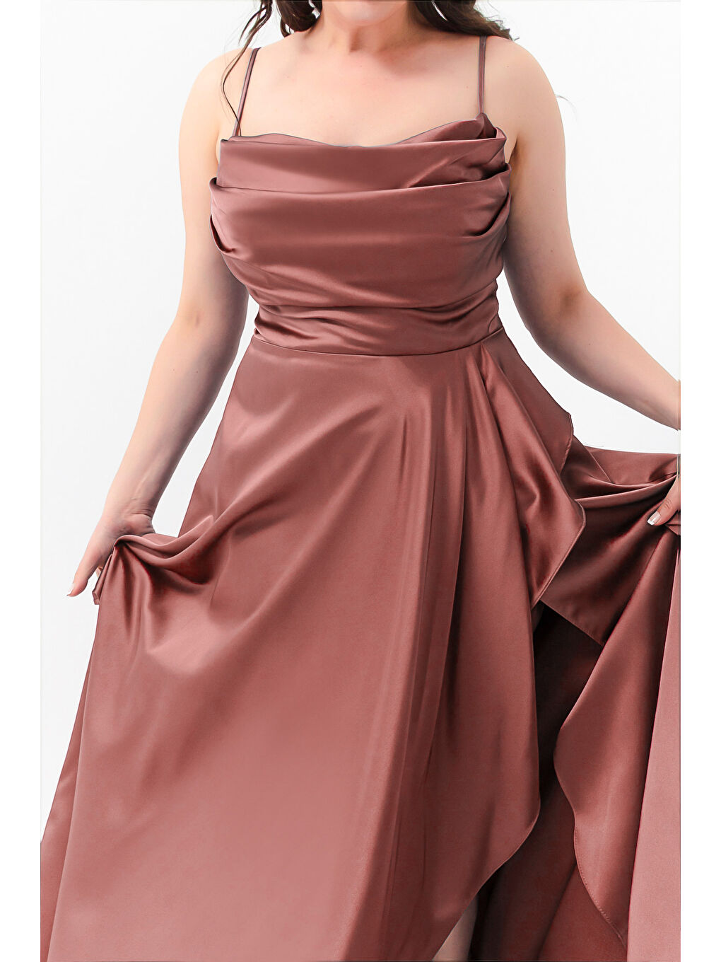 Pembe Kadın Somon Volanlı Yırtmaçlı Büyük Beden Saten Abiye Mezuniyet Elbisesi-3