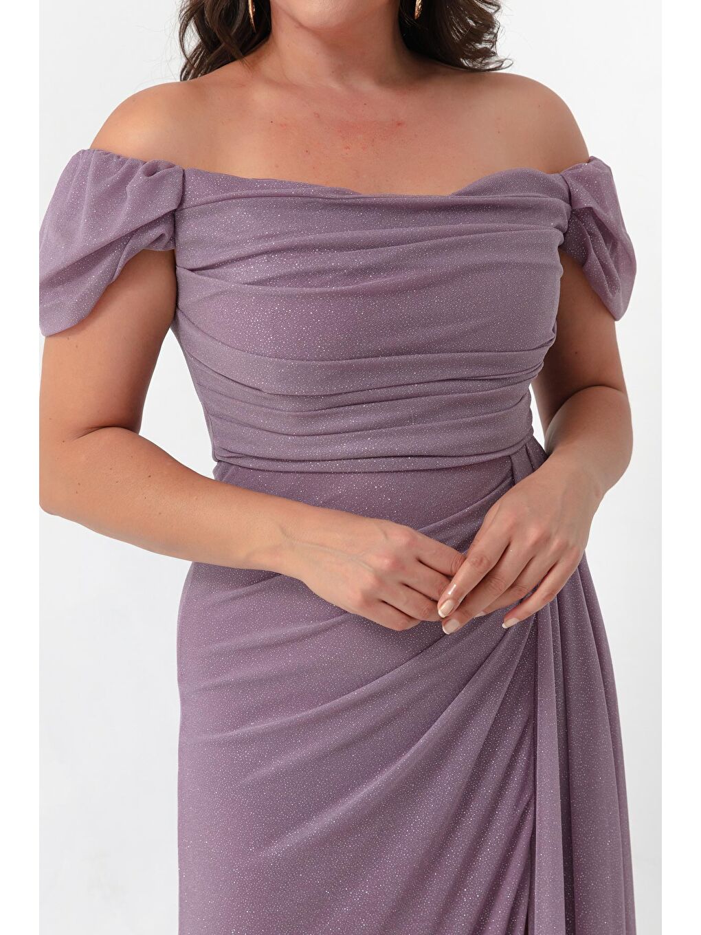 Pembe Kadın Pudra Kayık Yaka Drapeli Yırtmaçlı Uzun Simli Abiye Elbise-3