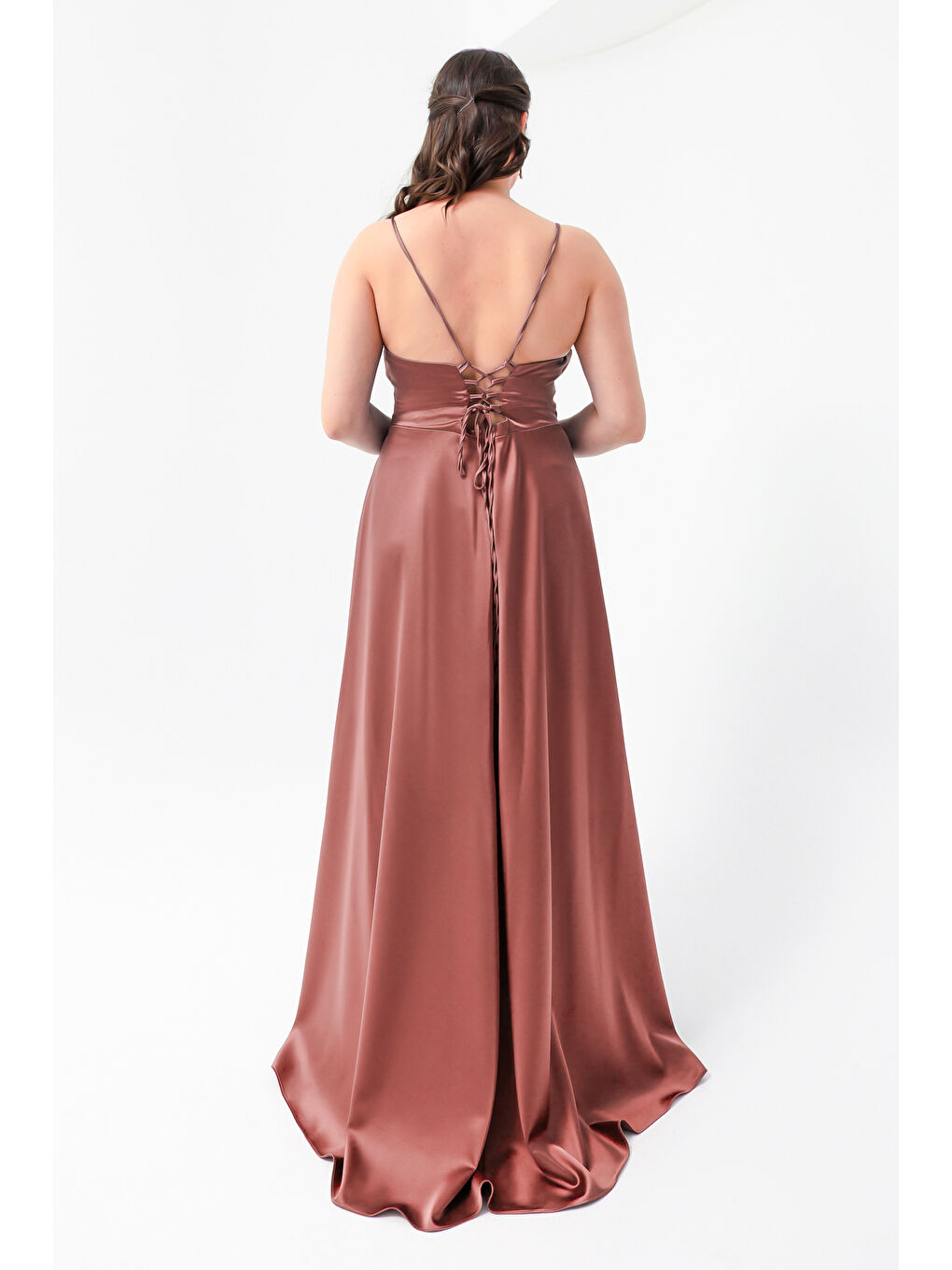 Pembe Kadın Somon Volanlı Yırtmaçlı Büyük Beden Saten Abiye Mezuniyet Elbisesi-4