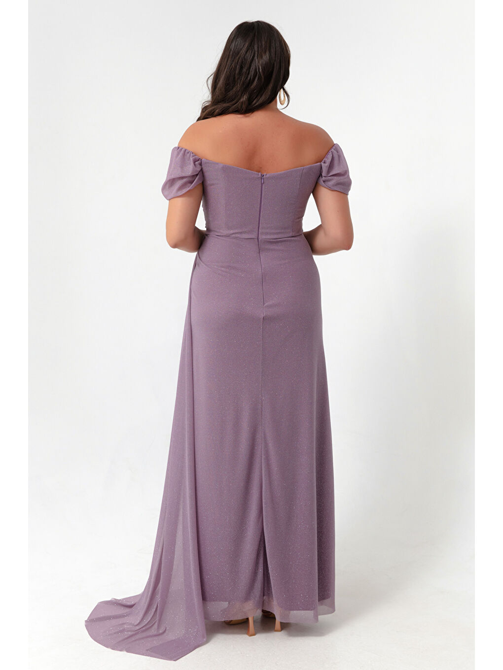 Pembe Kadın Pudra Kayık Yaka Drapeli Yırtmaçlı Uzun Simli Abiye Elbise-4