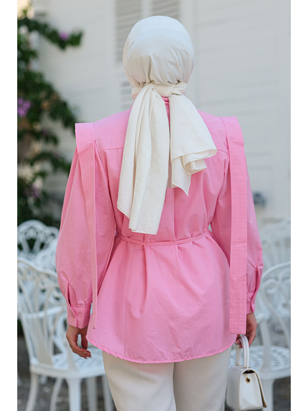 Kadın Pile Detay Önü Gizli Düğmeli Gömlek  Koyu Pembe-3