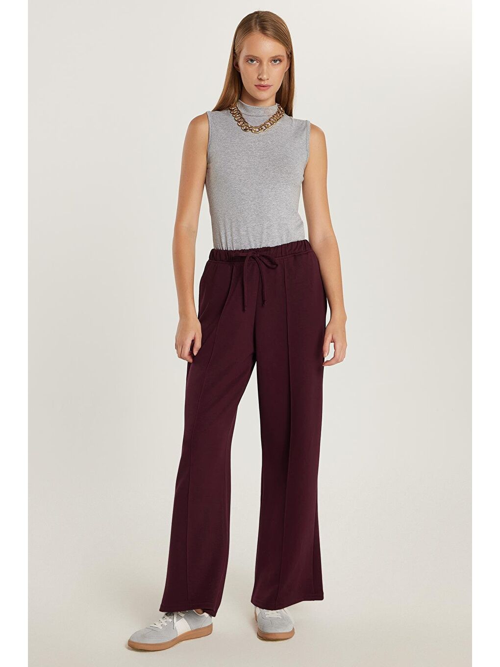 Kadın Modal Kumaş Relax Fit Beli Lastikli Bağlamalı Bordo Pantolon-1