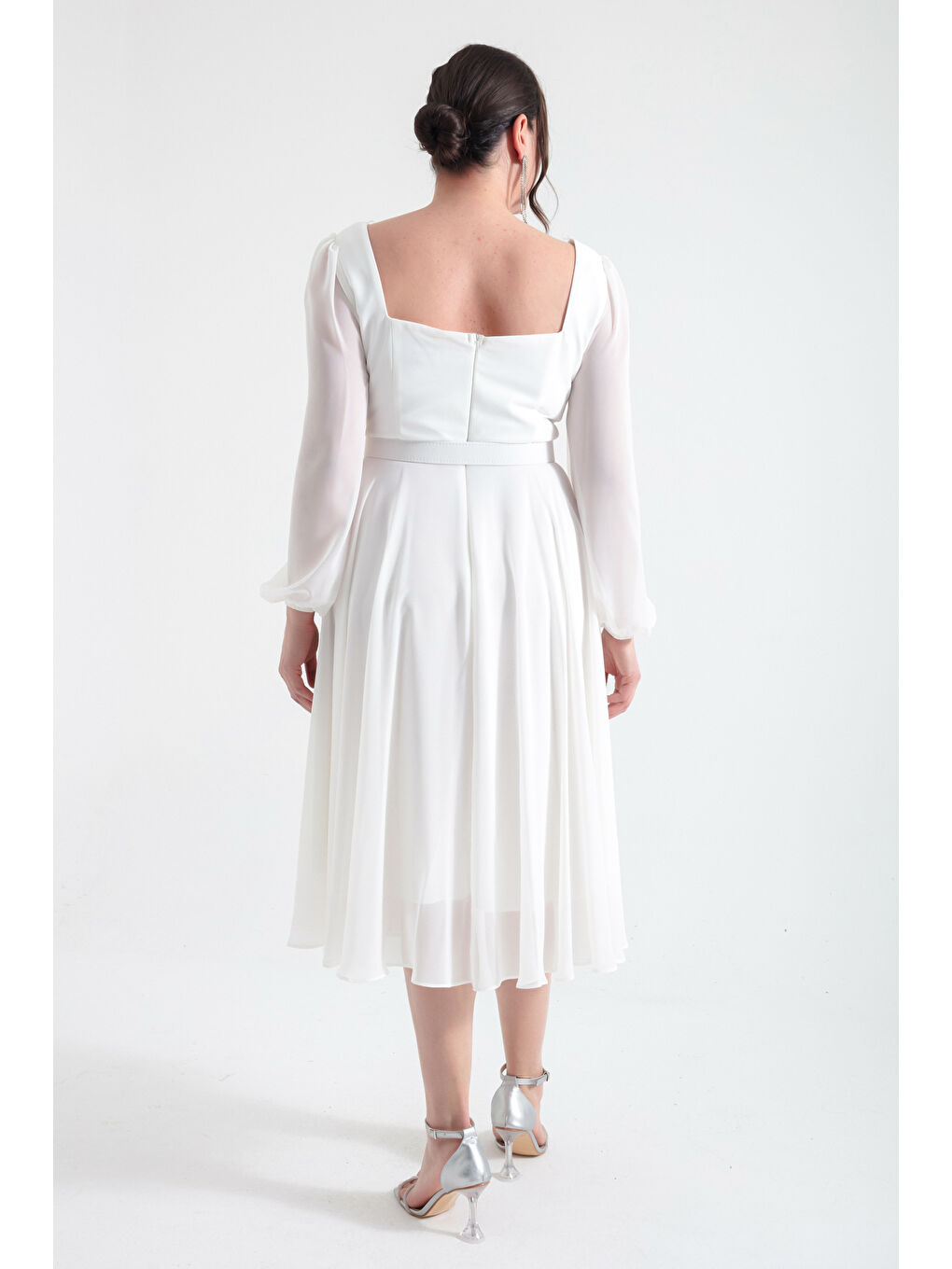 Kadın Ekru Kare Yaka Kemerli Midi Şifon Büyük Beden Abiye Elbise-4