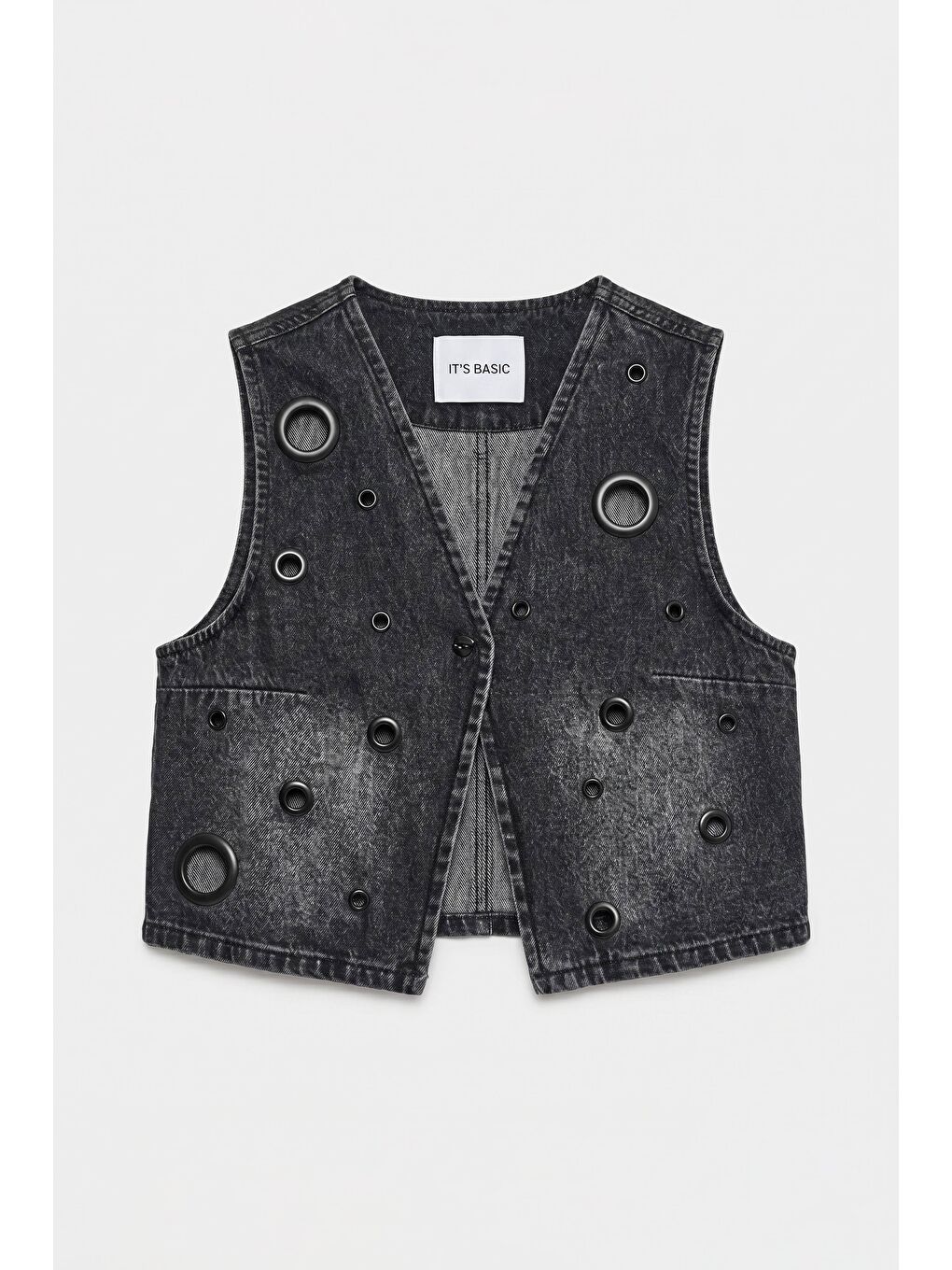 Gri Kadın Koyu Füme 2s6-1 Crop Fit Kuş Gözlü Tasarım Denim Yelek