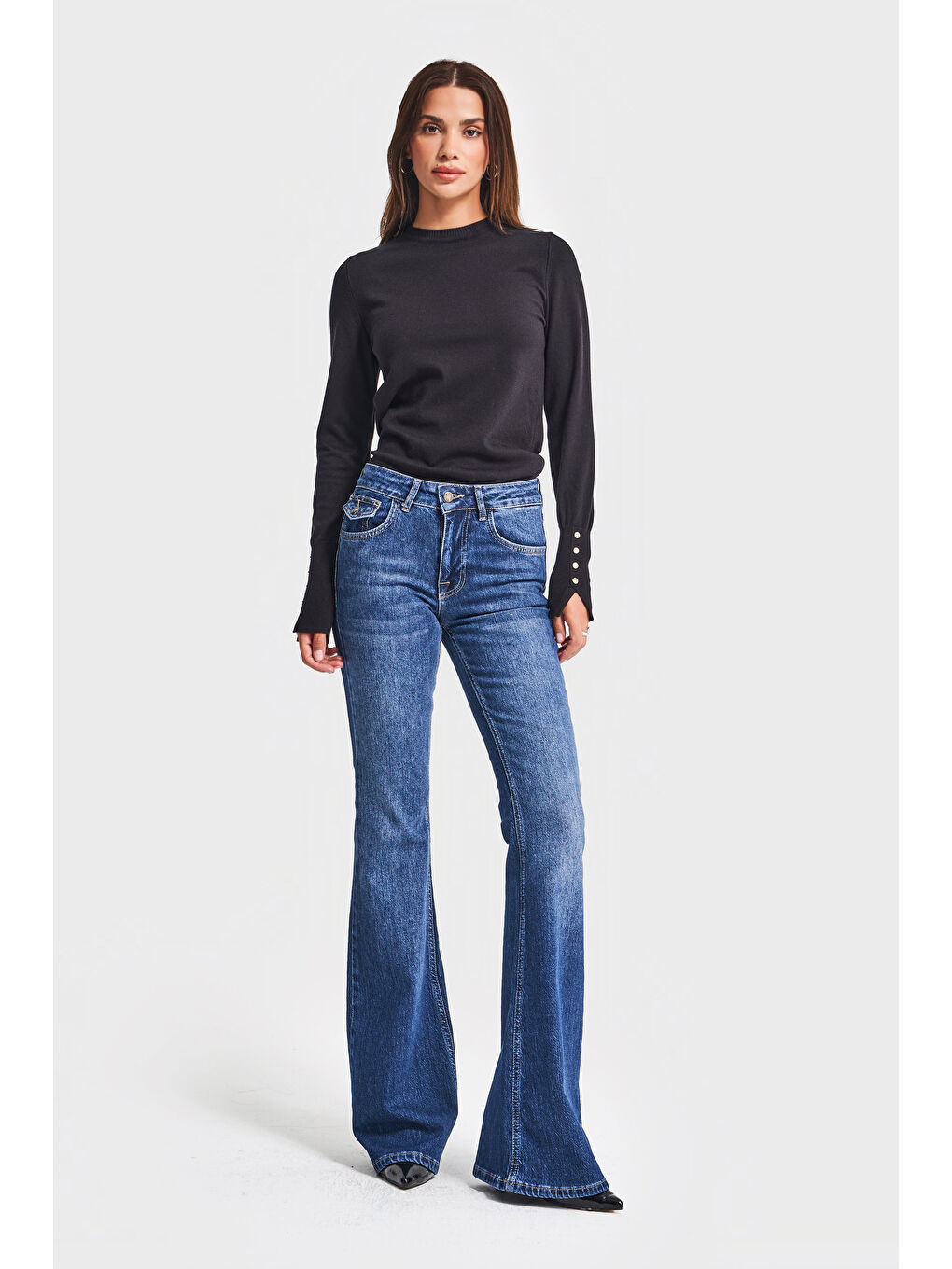 Kadın Siyah Renk w5-1 Örme Triko Kumaş Bisiklet Yaka Kol Aksesuarlı Triko-2