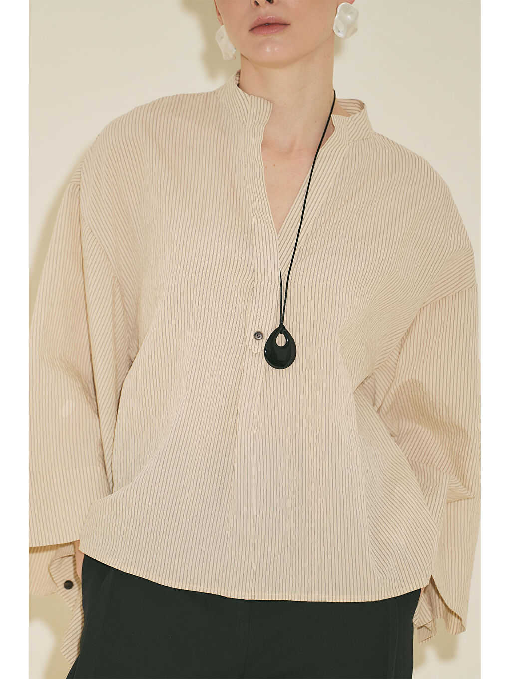 Kimono Kol Bluz Ekru Çizgili