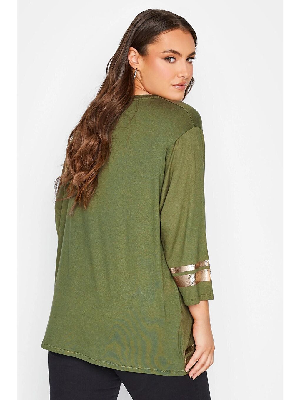 Haki Büyük Beden Fakir Kol Metalik Yazı Baskılı Bisiklet Yaka Bluz 301398-4