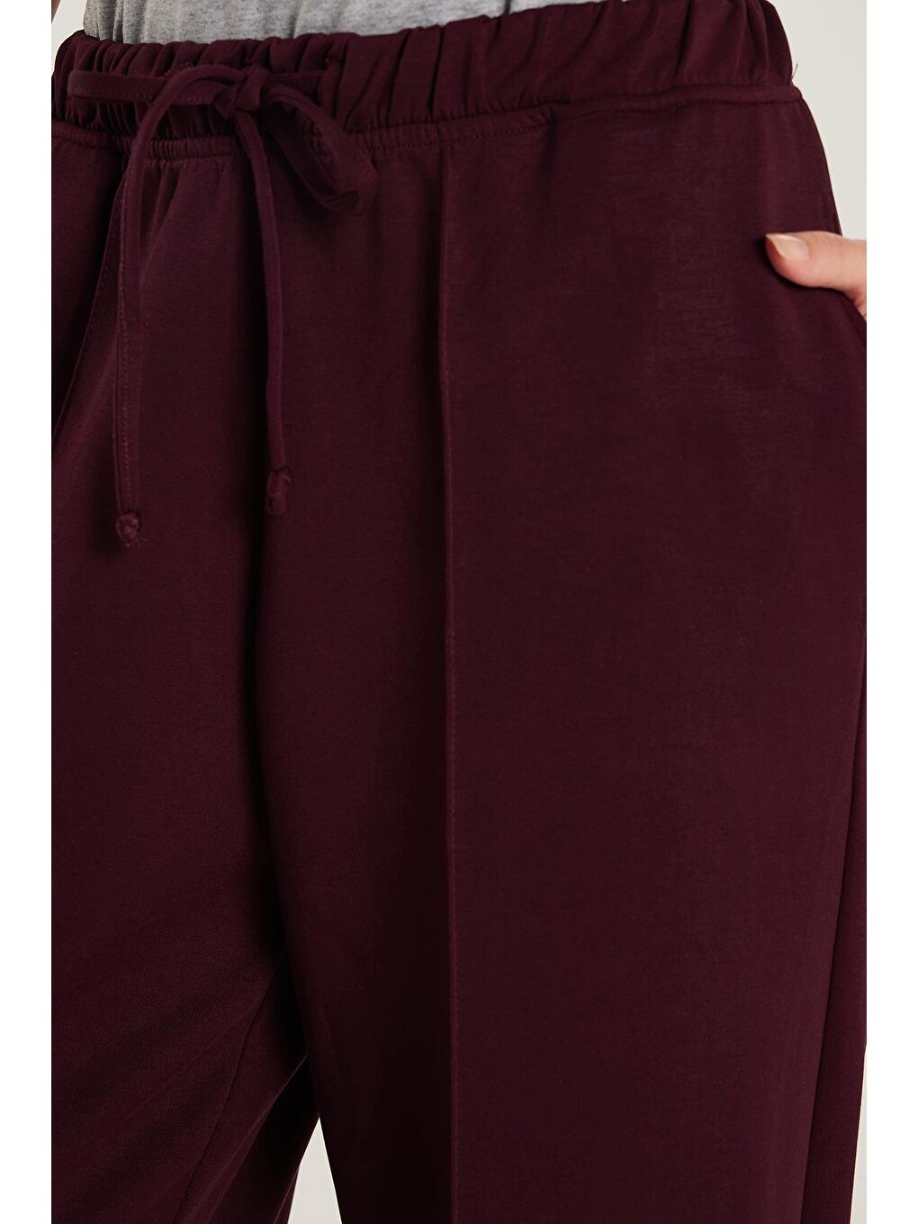 Kadın Modal Kumaş Relax Fit Beli Lastikli Bağlamalı Bordo Pantolon-2