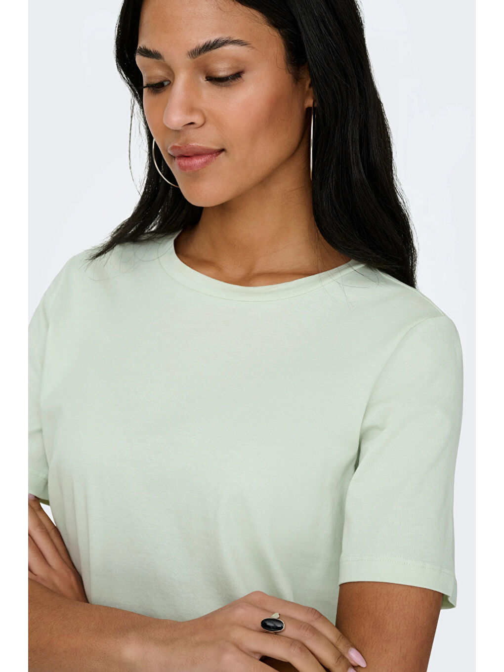 Yeşil Onlonly % 100 Pamuk Regular Fit Bisiklet Yaka Kadın T Shirt 15270390-4